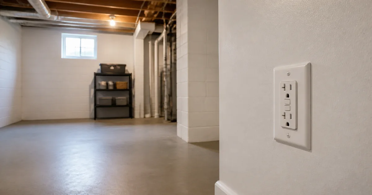 GFCI receptacle installed above the concrete floor in a clean basement