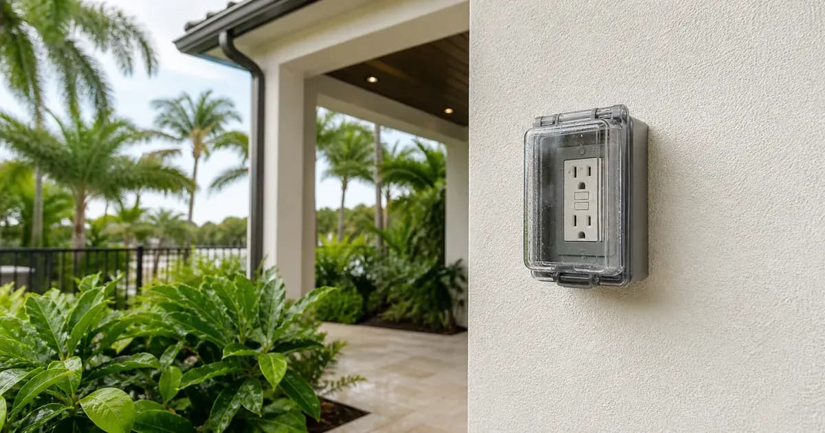 Outdoor GFCI receptacle in a weatherproof cover on a Florida home